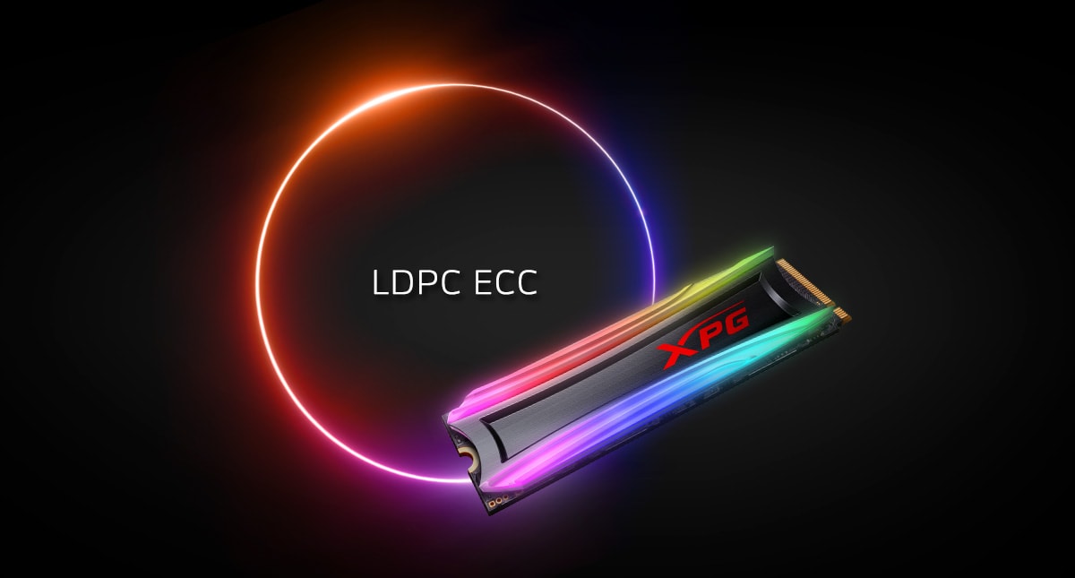 A SPECTRIX S40G angled top right with RGB lighting turned on. An eclipse ring at the background, circling text reading LDPC ECC.